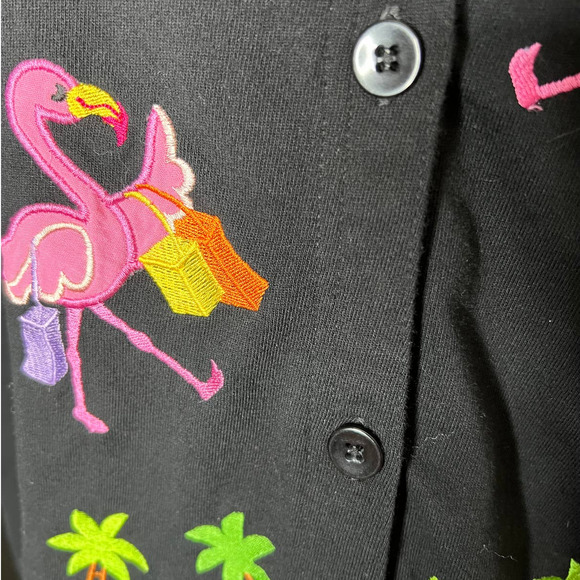 Black Cardigan Sweater with Embroidered Fun Flamingoes Size Medium - Picture 2 of 8